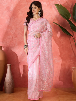 Sangria Embroidered Saree with Attached Blouse Net Saree(Pink)
