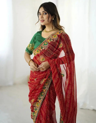 SareezaaStore Printed Bandhani Georgette Saree(Red)
