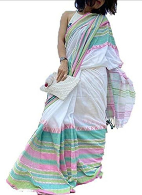 TRFASHIONHUB Striped Bollywood Cotton Blend Saree(White)