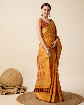 Verviza Woven, Embellished Patola Pure Silk Saree(Mustard)