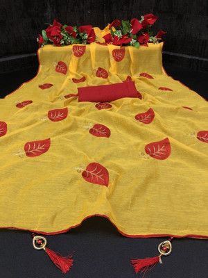 DHRUV CREATION Embroidered Chanderi Chanderi Saree(Yellow)