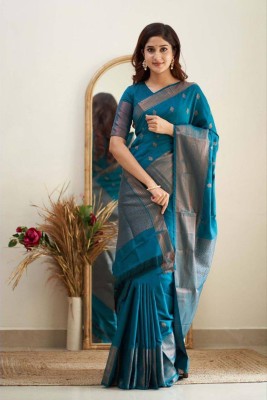 Sanjana Silks Printed Kanjivaram Art Silk, Pure Silk Saree(Light Blue, Silver)