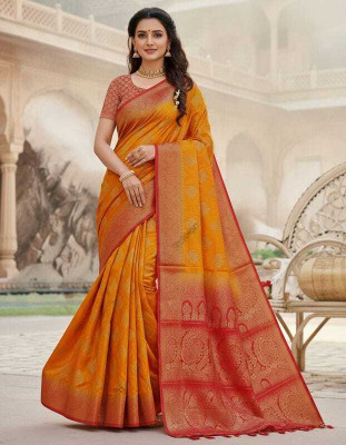 HEENATRADER Woven, Self Design Banarasi Cotton Silk Saree(Yellow, Red)