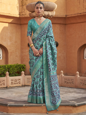Sareemall Woven Pochampally Silk Blend Saree(Blue)