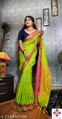SMRITI HANDLOOM Self Design Handloom Cotton Blend Saree(Light Green)