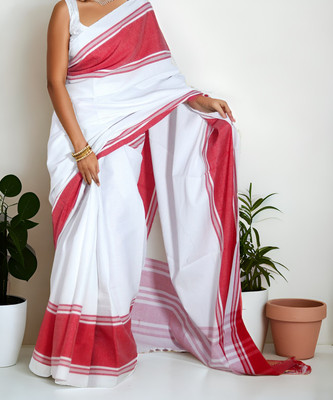 ADIVASI SHOP Solid/Plain, Striped Handloom Cotton Blend, Cotton Linen Saree(Red, White)