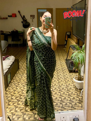 JASU CREATION Printed Bandhani Pure Cotton Saree(Green)