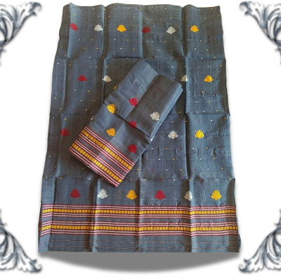 Mugaara Woven, Floral Print, Striped Mekhela Chador Cotton Blend Saree(Grey)