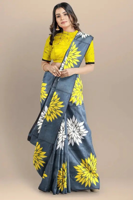 HouseOfCommon Blocked Printed Bollywood Chanderi Saree(Grey)