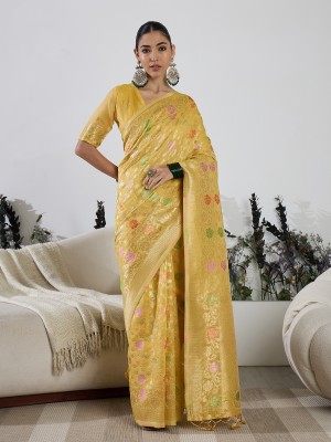 Vichitra Woven, Self Design Banarasi Cotton Blend, Jacquard Saree(Yellow)