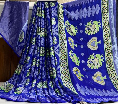 Hensi sarees shop Self Design Kantha Chiffon, Brasso Saree(Dark Blue)