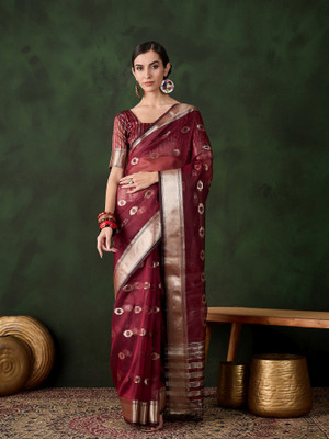 HERE&NOW Woven Bollywood Organza Saree(Maroon)