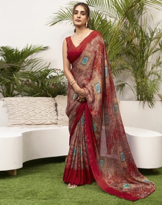 SIRIL Floral Print, Printed Bollywood Chiffon Saree(Red, Brown)