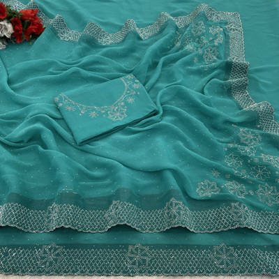 VarniRaaj Fashion Embellished Bollywood Organza Saree(Light Blue)