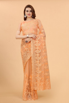 Noise Embroidered Bollywood Net Saree(Orange)