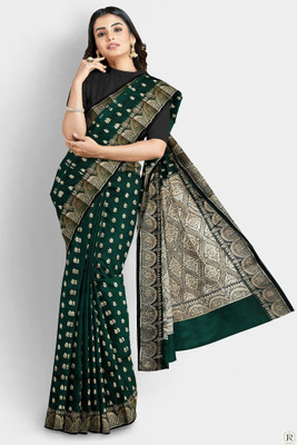 Dulhan Collection Woven Banarasi Silk Blend Saree(Dark Green)
