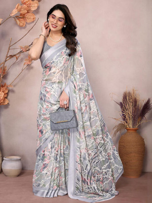 ANOUK Printed Saree with Attached Blouse Chiffon Saree(Grey)