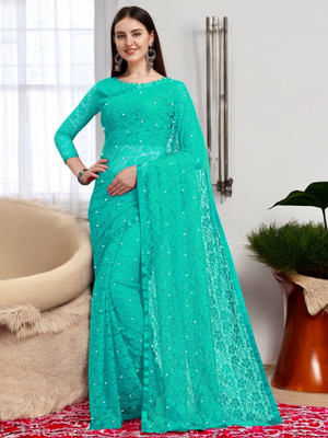 Nexxafashions Self Design Bollywood Net Saree(Blue)