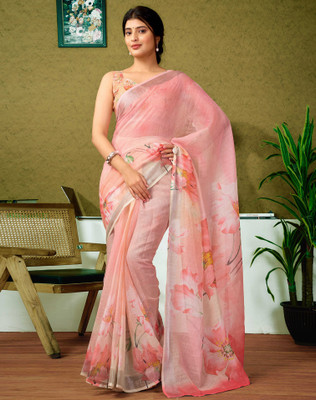 SIRIL Digital Print, Floral Print, Embellished Bollywood Linen Saree(Multicolor, Pink)