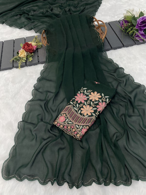 saanvi Solid/Plain, Self Design, Embroidered Bollywood Art Silk Saree(Dark Green)