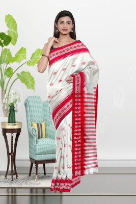 Ganesh plastic and industry Printed Jamdani Cotton Blend Saree(White, Red)