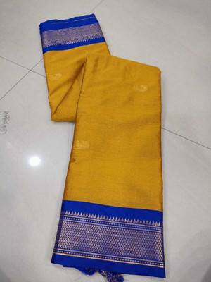 Hiba fabs Embroidered, Self Design, Temple Border, Woven Paithani Cotton Silk, Jacquard Saree(Gold)