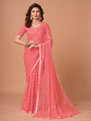pridewear Self Design Bollywood Net Saree(Pink)