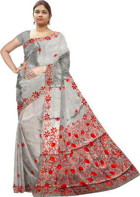 SHRISTI CLOTHINGS Embroidered Kantha Silk Blend Saree(Grey)
