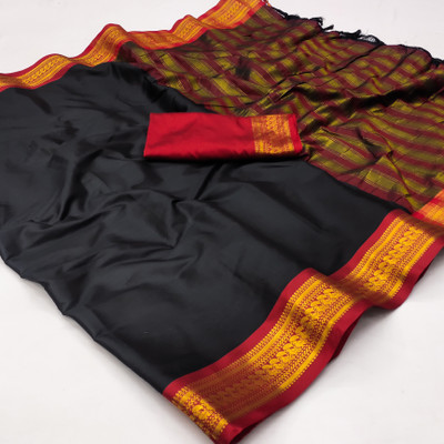 DB Creation Woven Banarasi Cotton Silk, Jacquard Saree(Black)