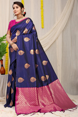 sarjan creation Self Design Kanjivaram Jacquard Saree(Dark Blue)