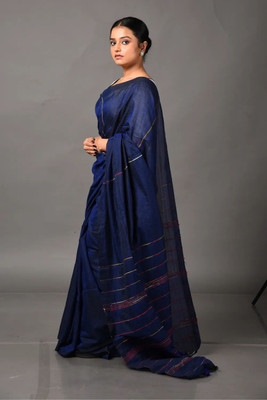 AGAMONI Striped Handloom Cotton Blend Saree(Dark Blue)