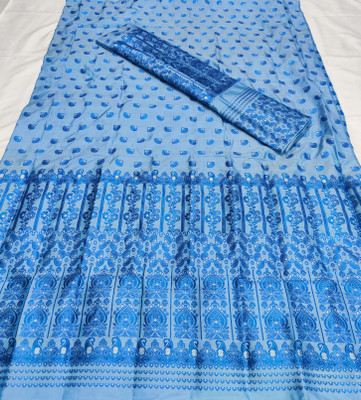 Skiran's Printed Mekhela Chador Polyester Saree(Light Blue)