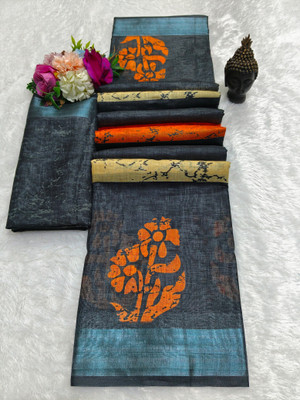 HouseOfCommon Printed Kanjivaram Pure Cotton, Cotton Silk Saree(Black, Orange)