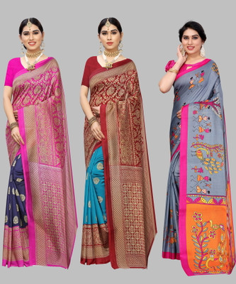 Nirvaan Printed, Paisley, Floral Print Bollywood Art Silk Saree(Pack of 3, Dark Blue)