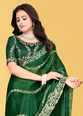 Mortile Designer Studio Embroidered Banarasi Lycra Blend Saree(Dark Green)