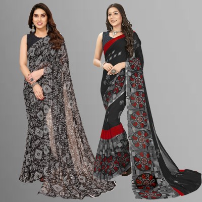 Anand Sarees Floral Print, Polka Print, Ombre, Printed Bollywood Georgette Saree(Pack of 2, Black, Grey)