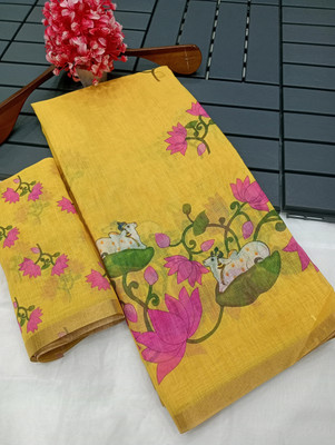 HouseOfCommon Embroidered, Applique Kanjivaram Pure Cotton, Cotton Linen Saree(Yellow)