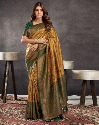 Satrani Woven, Embellished, Self Design Banarasi Silk Blend Saree(Mustard, Dark Green)