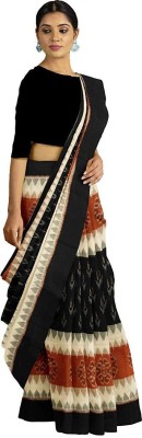 handloom paridhaan Temple Border Ikkat Handloom Pure Cotton Saree(Beige)