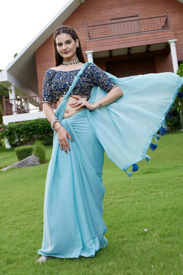 KONICA FAB Embroidered Bollywood Georgette Saree(Light Blue)