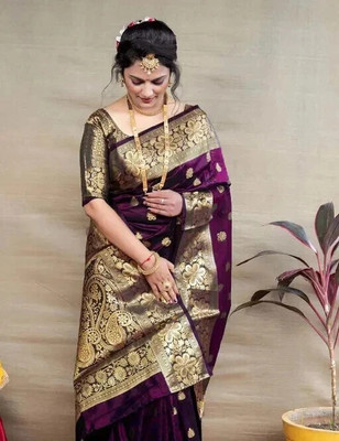 ORIFAB Woven Banarasi Art Silk, Silk Blend Saree(Purple)