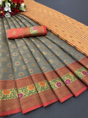 GOGAJI COLLECTION Floral Print, Woven Kanjivaram Pure Cotton, Cotton Blend Saree(Grey)