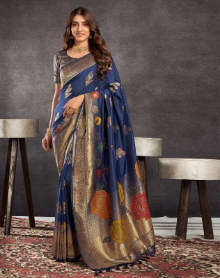 SIRIL Dyed, Self Design, Woven Banarasi Cotton Blend Saree(Dark Blue, Gold)