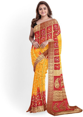 Shri Vinayak Printed Bandhani Georgette Saree(Red, Yellow)