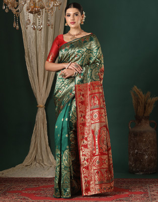 Samah Woven, Embellished Baluchari Silk Blend Saree(Green)