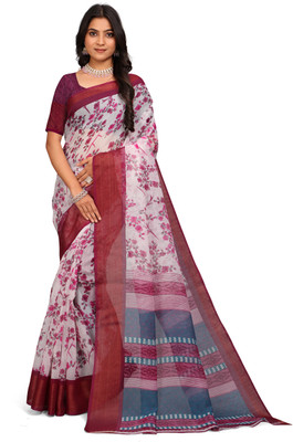 VEERVANI CREATION Printed Bollywood Cotton Blend Saree(White)
