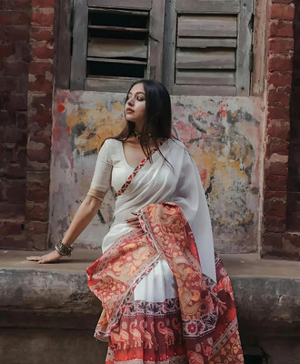 Marabout Digital Print Bollywood Cotton Linen Saree(Red, White)