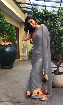 Sareez House Solid/Plain Daily Wear Chiffon Saree(Grey)