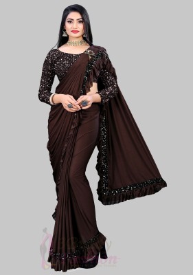 Swastik Creation Solid/Plain, Embellished Bollywood Lycra Blend Saree(Brown)