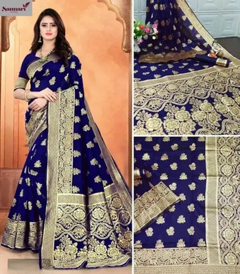 KAKADIYA Woven, Floral Print Banarasi Pure Silk Saree(Blue)